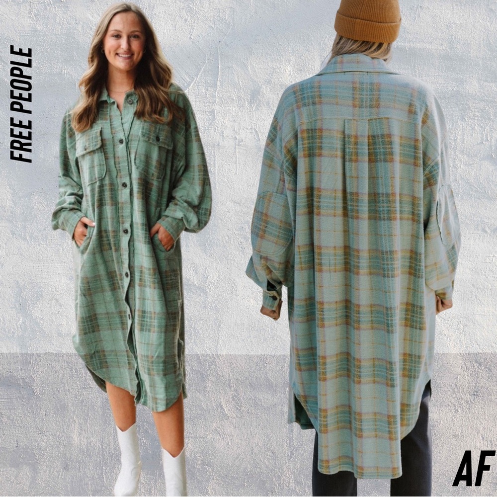 FREE PEOPLE LONG RUBY PLAID JACKET IN GREEN COMBO NEW LARGE